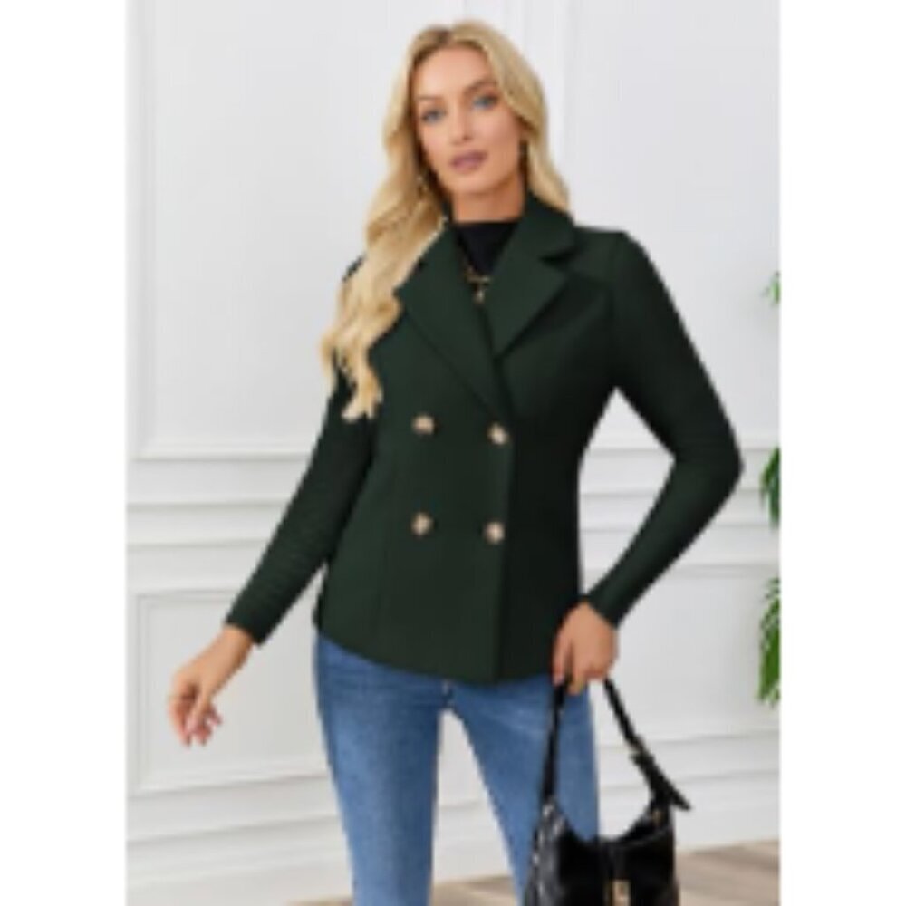 Double Breasted Wool Pea Coat Notched Lapel Ribbed Knit Sleeves Blazer - Picture 5 of 7